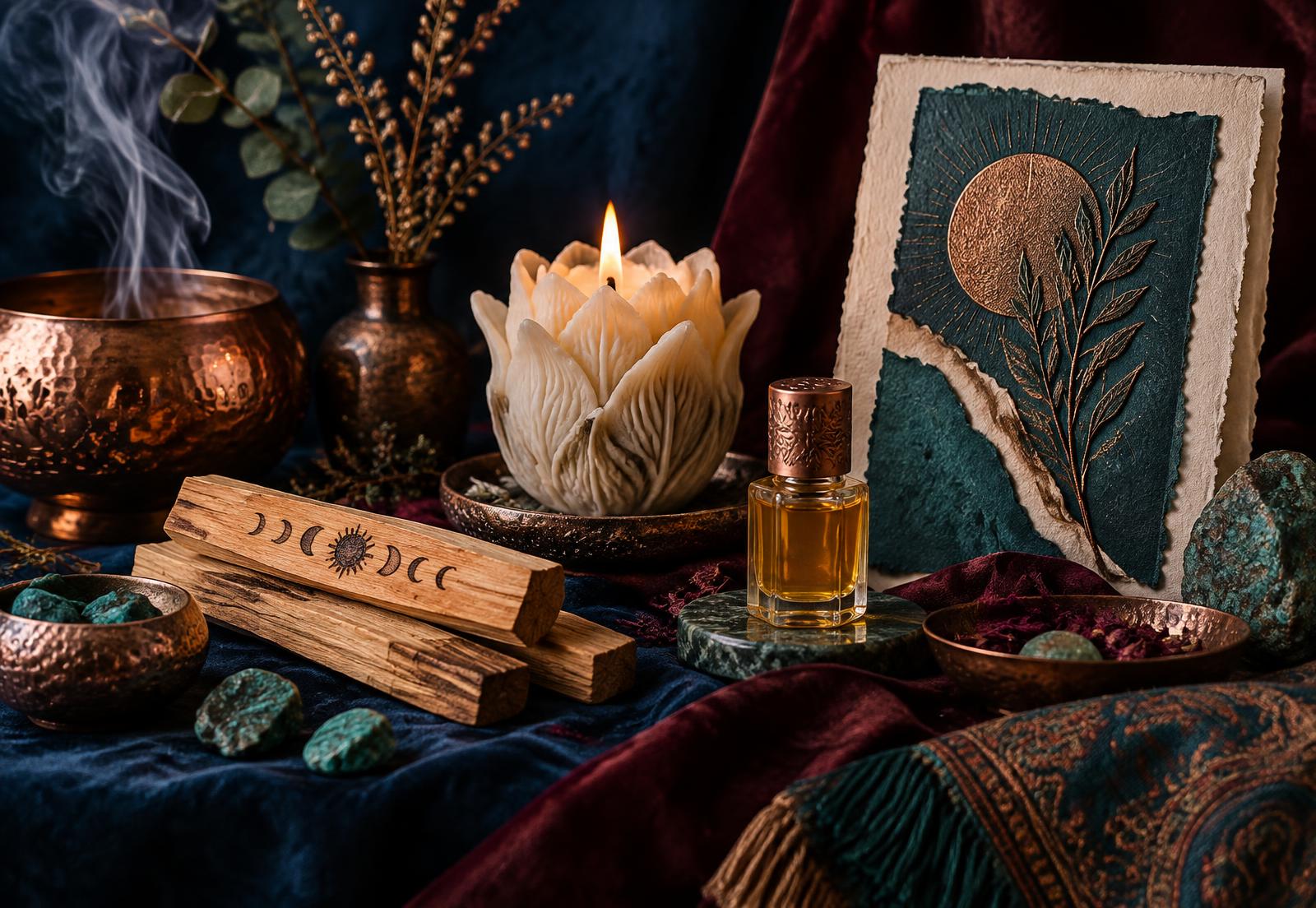 Palo santo, vela esculpida e óleo da Linha Sacred
